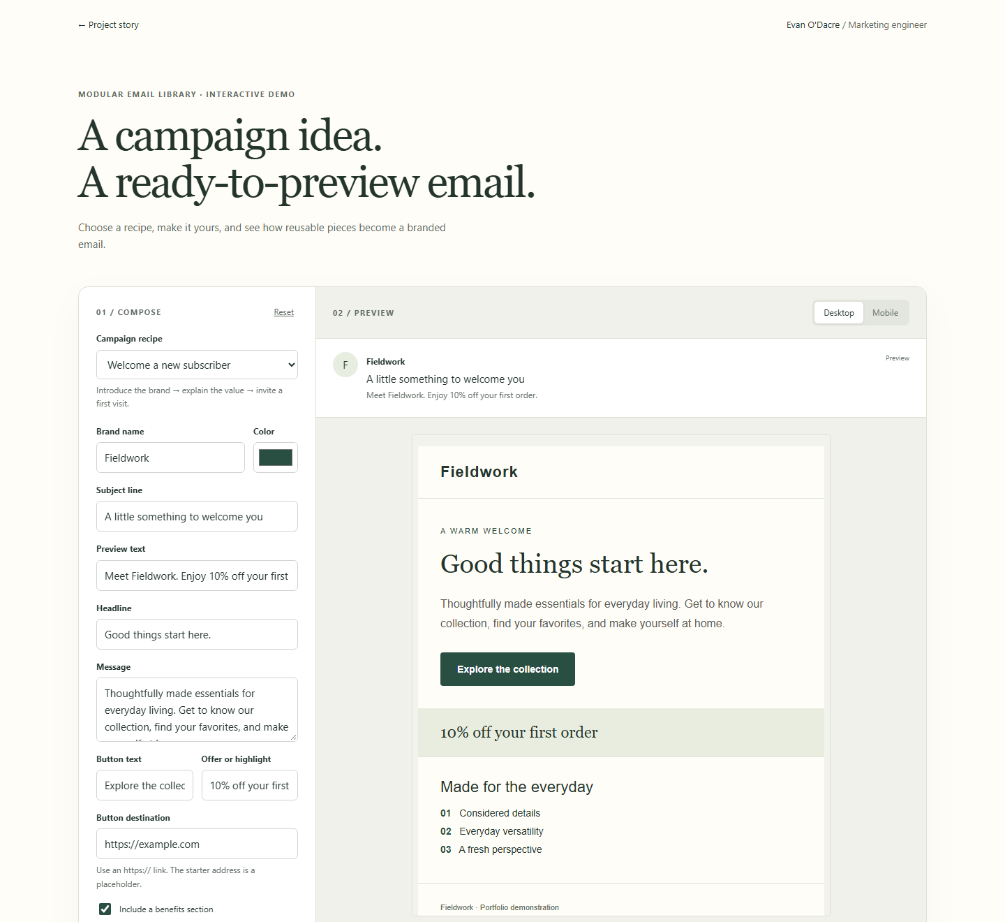 Email builder with editable campaign fields alongside a branded Fieldwork email preview
